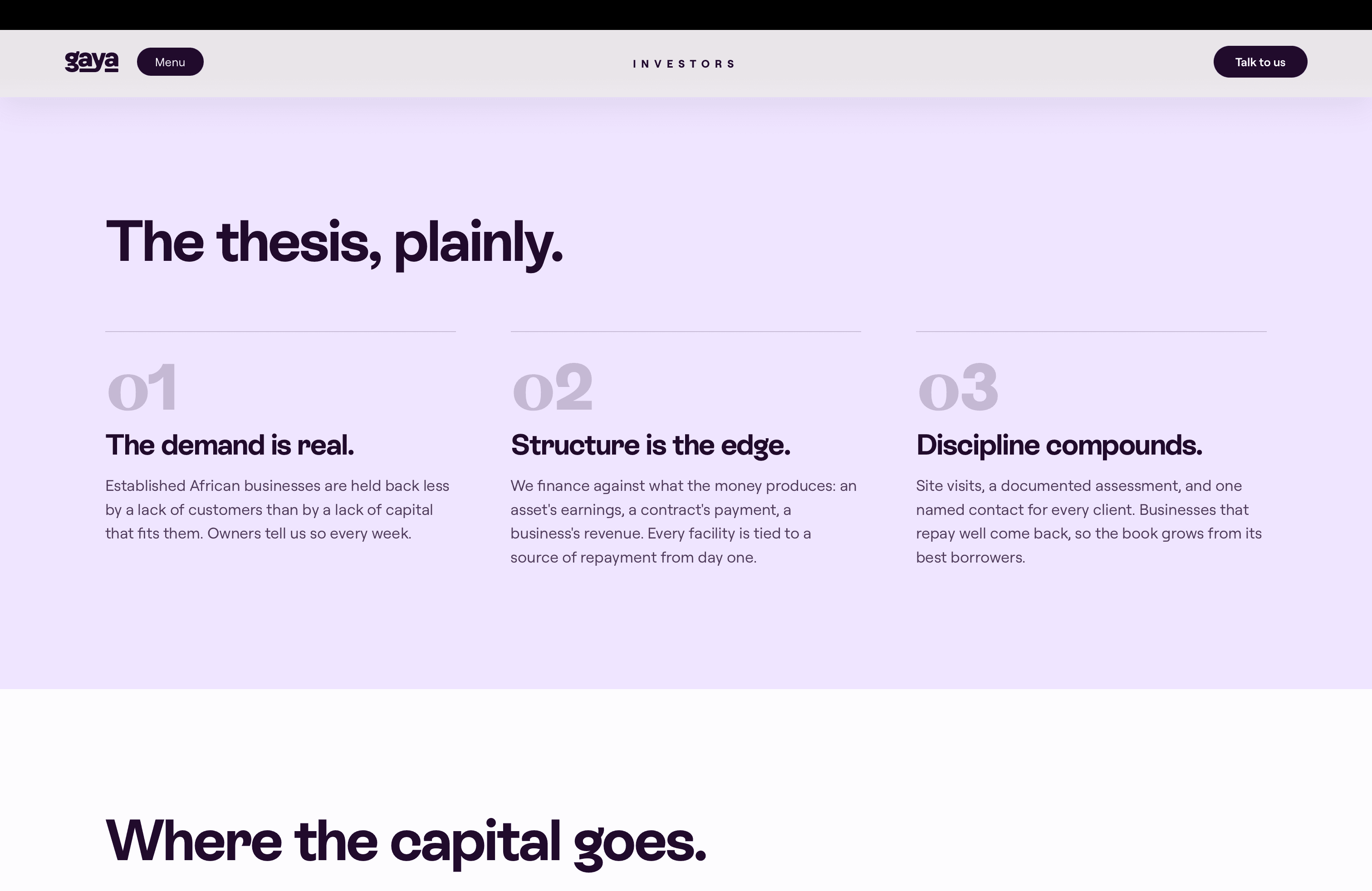 Investors · The thesis, plainly